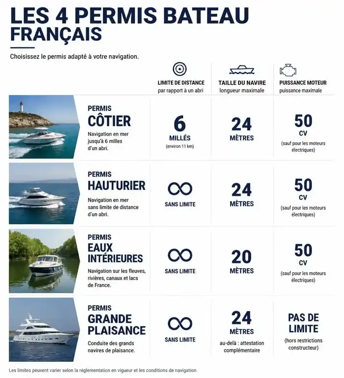 Infographie comparative des différents permis bateau en France : côtier, hauturier, eaux intérieures et grande plaisance