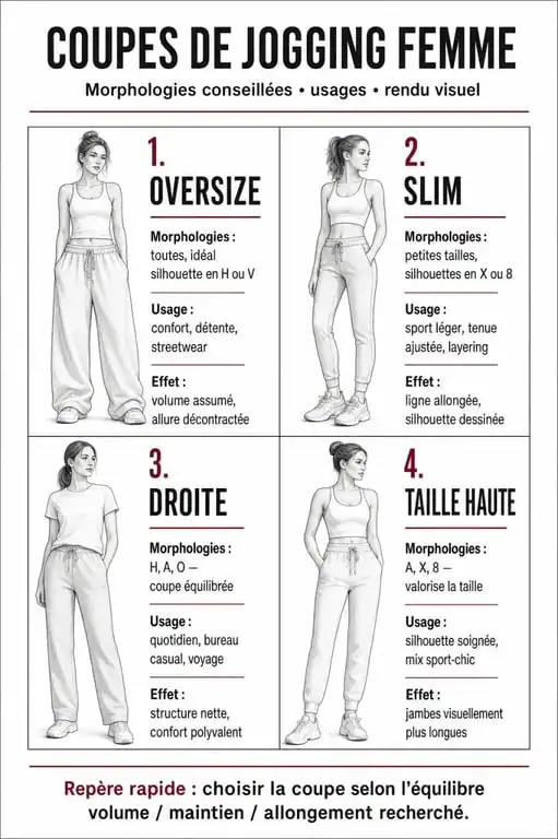 Infographie comparative des coupes d'ensemble de jogging pour femme selon la morphologie et l'usage