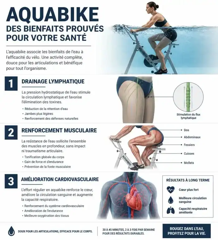 Infographie sur les bienfaits de l'aquabike pour la santé et la silhouette à Paris 17