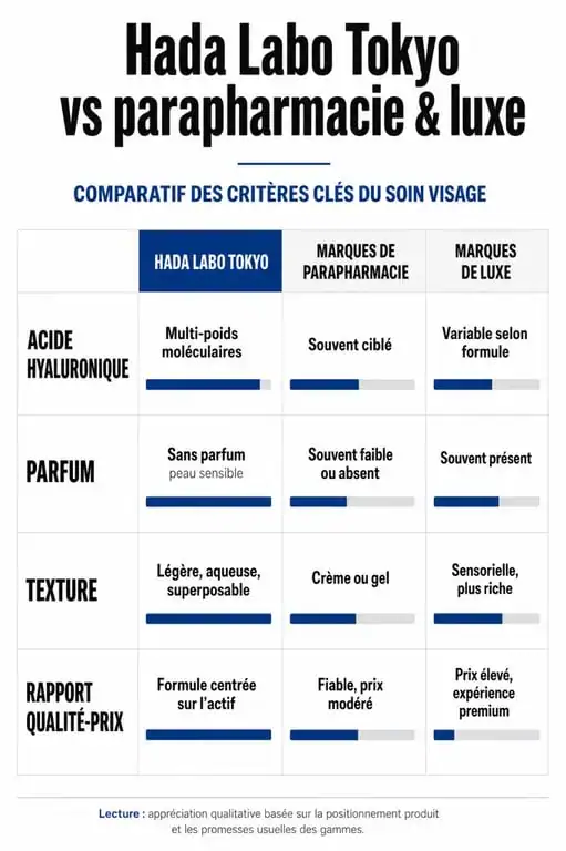 Comparatif des soins Hada Labo Tokyo face aux marques de luxe et parapharmacie pour un avis éclairé sur l'hydratation.