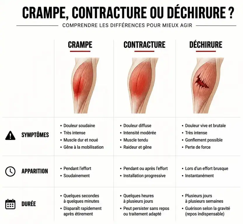 Tableau comparatif des blessures au mollet pour identifier une contracture