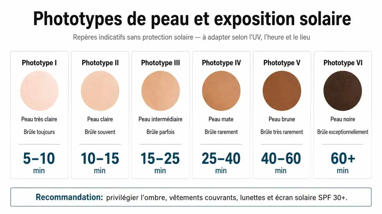 Infographie des phototypes de peau et temps d'exposition pour un bronzage sans danger