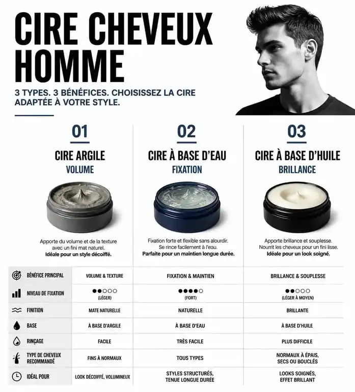 Infographie comparative des meilleures cires cheveux homme selon le type de cheveux et l'effet recherché