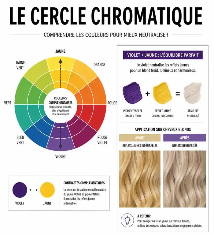 Schéma explicatif de la neutralisation des reflets jaunes par le meilleur shampoing déjaunisseur violet