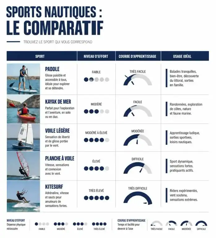 Infographie comparative des sports sur l'eau : niveau d'effort et courbe d'apprentissage pour choisir son activité nautique.