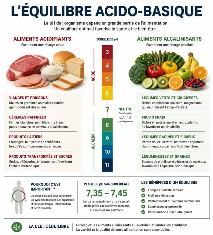 Infographie sur l'équilibre acido-basique et les aliments à éviter pour limiter l'acide lactique