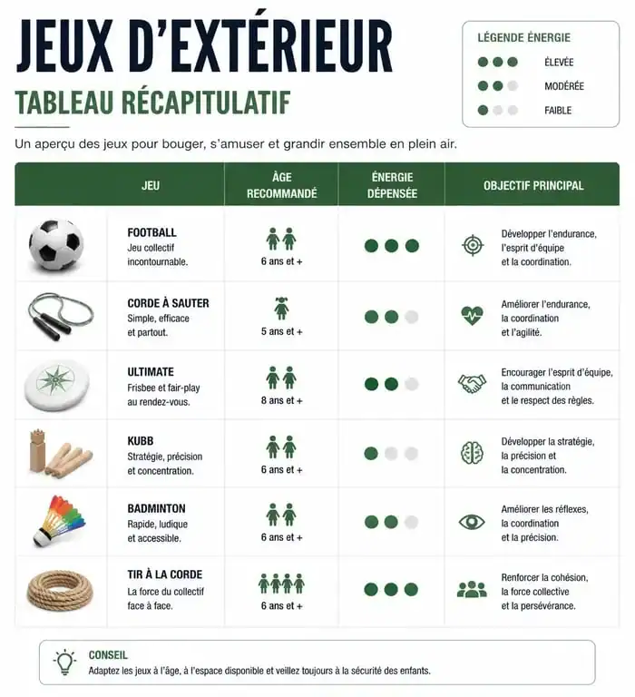 Tableau récapitulatif des jeux d'extérieur pour animateurs : âge, énergie et objectifs