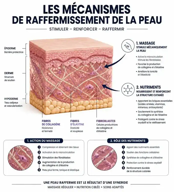 Infographie explicative sur les mécanismes naturels pour raffermir la peau et stimuler le collagène
