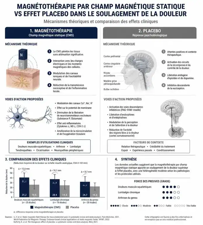Infographie sur l'efficacité et le fonctionnement scientifique du bracelet magnétique et avis médical