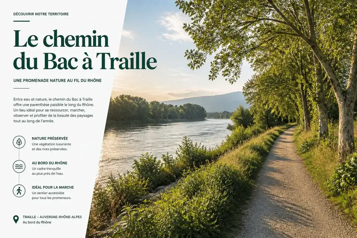 Chemin du Bac à Traille le long du Rhône, un sentier bucolique idéal pour la balade à vélo ou à pied près de Lyon.