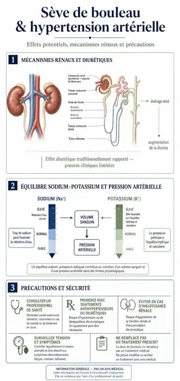 Infographie sur les bienfaits et risques de la sève de bouleau pour l'hypertension artérielle