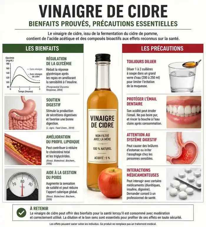Infographie récapitulative des avantages et inconvénients du vinaigre de cidre pour la santé