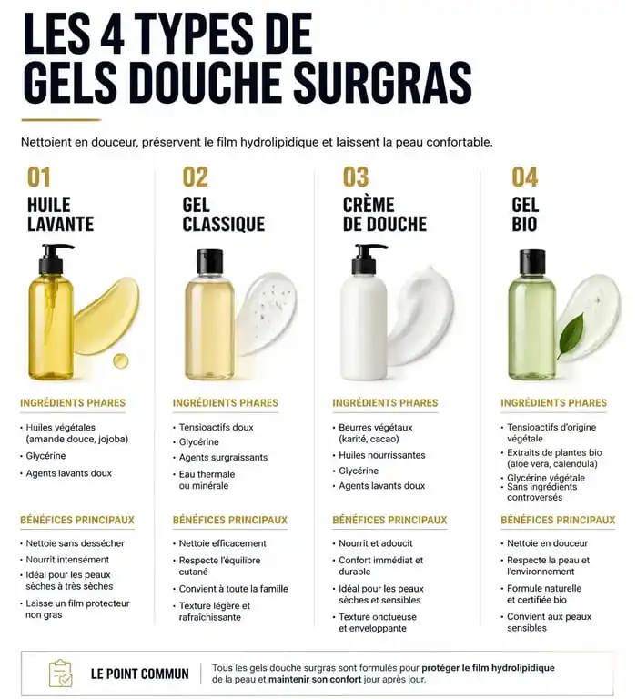 Comparatif des types de gels douche surgras pour choisir le meilleur produit selon son type de peau