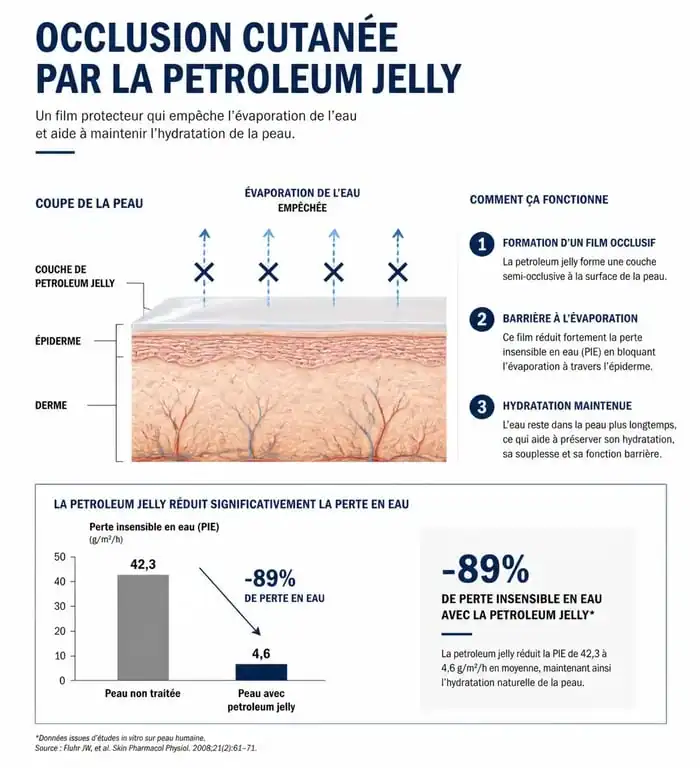 Schéma explicatif du principe d'occlusion cutanée de la petroleum jelly pour l'hydratation de la peau