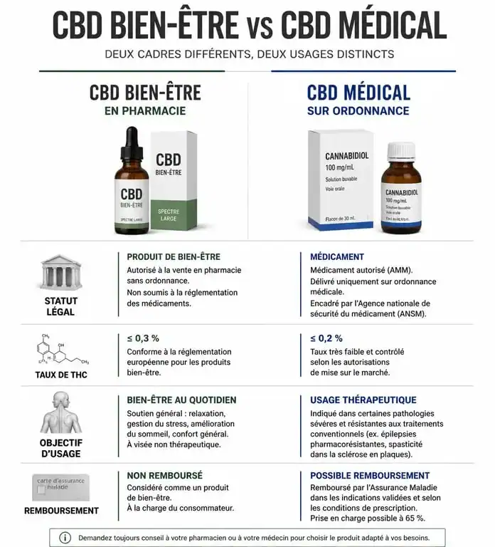 Infographie comparative : CBD en pharmacie sans ordonnance vs CBD médical sur ordonnance