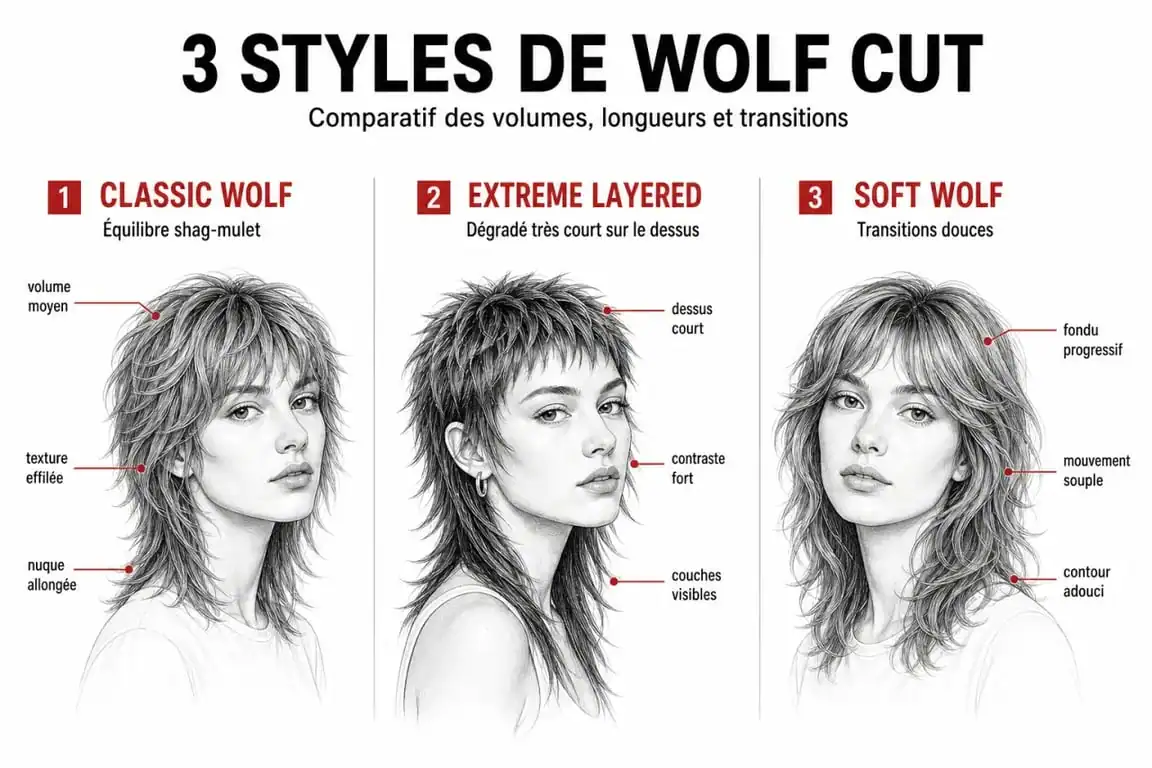 Comparatif des différents styles de coupe wolf cut : Classic, Extreme et Soft pour choisir sa coiffure.