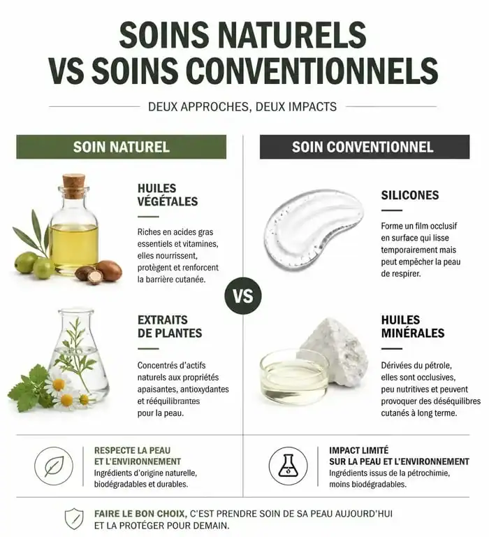 Infographie comparative entre les soins au naturel et les soins conventionnels pour la peau