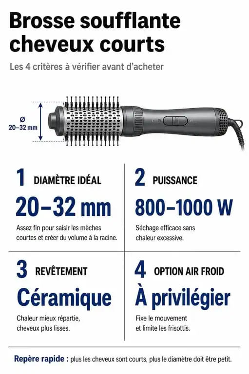 Infographie des critères de choix pour une brosse soufflante cheveux courts
