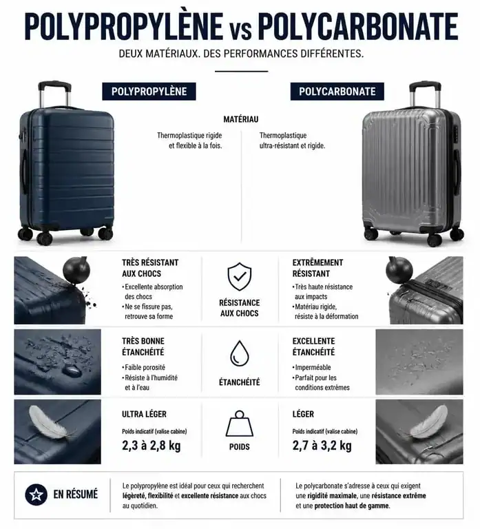 Infographie comparative des matériaux de valise résistante : polypropylène vs polycarbonate