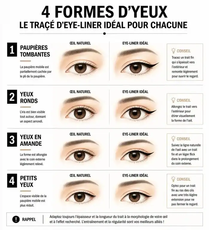 Infographie montrant comment appliquer l'eye-liner selon la forme de ses yeux pour un regard sublimé
