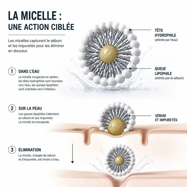 Schéma explicatif du fonctionnement de l'eau micellaire et des micelles sur la peau