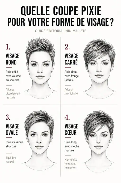 Infographie des variantes de coupe pixie 2024 selon la forme du visage