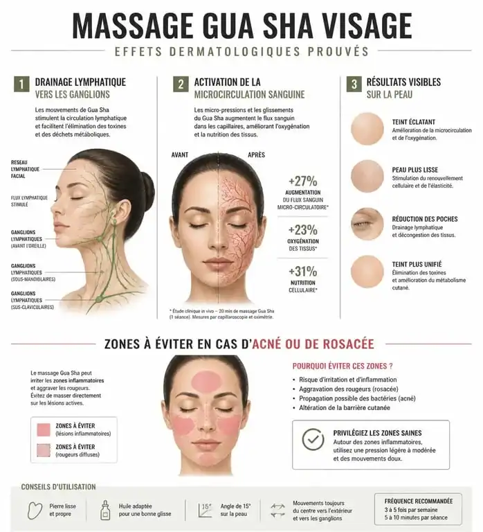 Infographie des bienfaits et précautions du gua sha selon l'avis d'un dermatologue