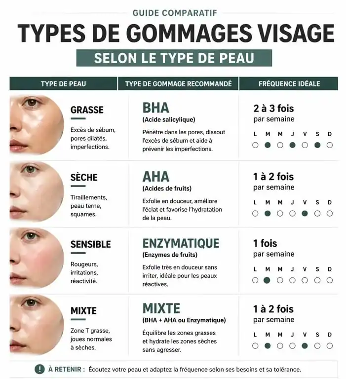 Infographie comparative pour choisir le meilleur gommage visage selon son type de peau