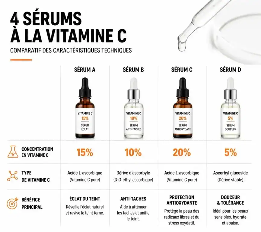 Infographie comparative des meilleurs sérums vitamine C : concentration et bénéfices pour la peau