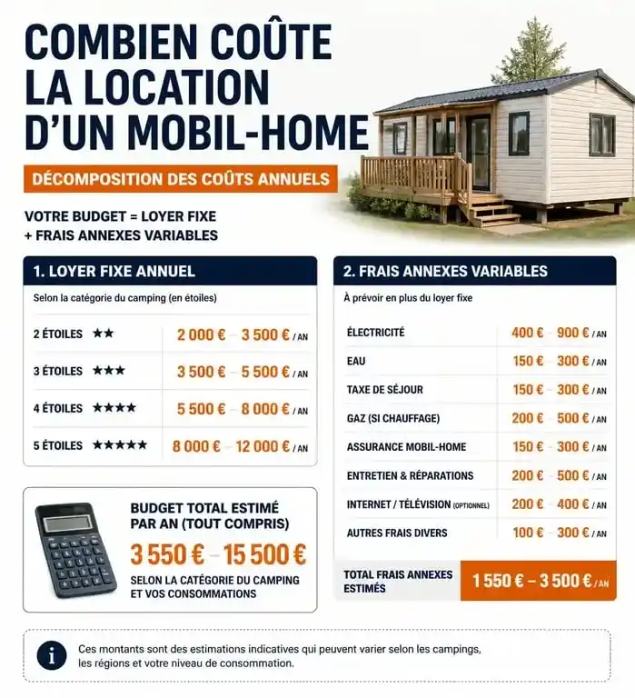 Infographie des tarifs de location de mobil-home à l'année et répartition des charges