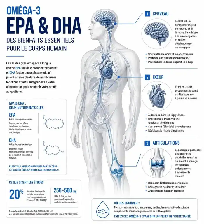 Infographie des bienfaits de l'huile de poisson et des oméga-3 sur la santé
