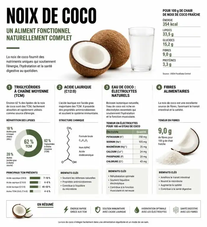 Infographie sur les bienfaits nutritionnels et les propriétés santé de la noix de coco