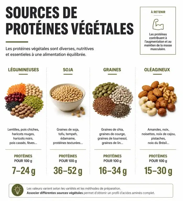 Infographie des meilleures sources de protéines végétales et leurs apports nutritionnels