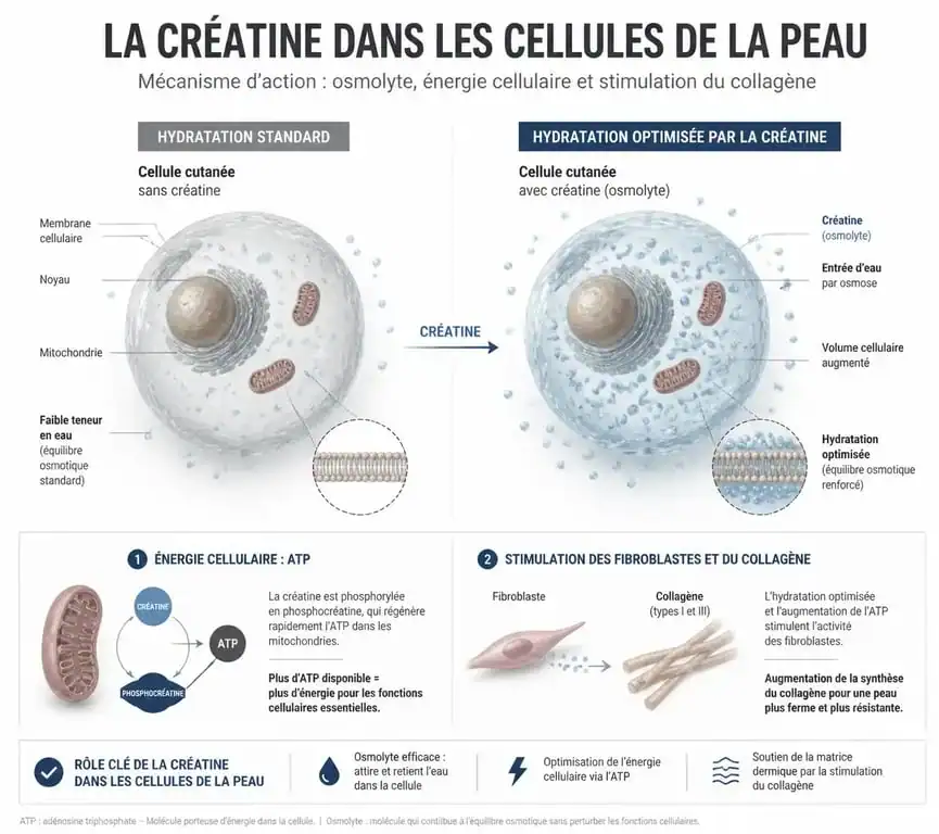 Schéma explicatif des effets de la créatine sur l'hydratation cellulaire et la santé de la peau