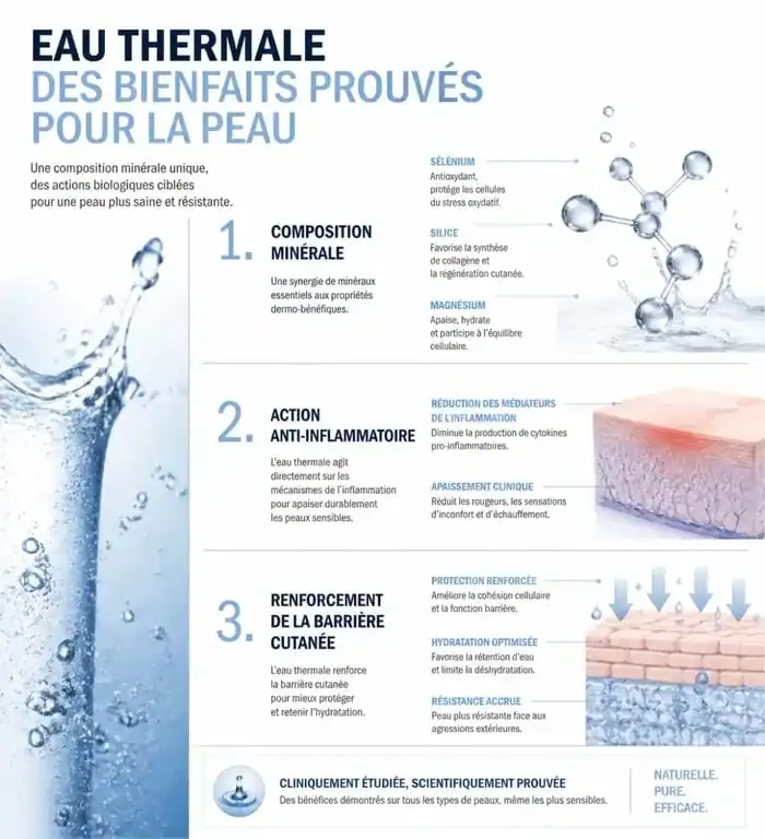 Infographie des bienfaits de l'eau thermale sur la peau et ses propriétés minérales