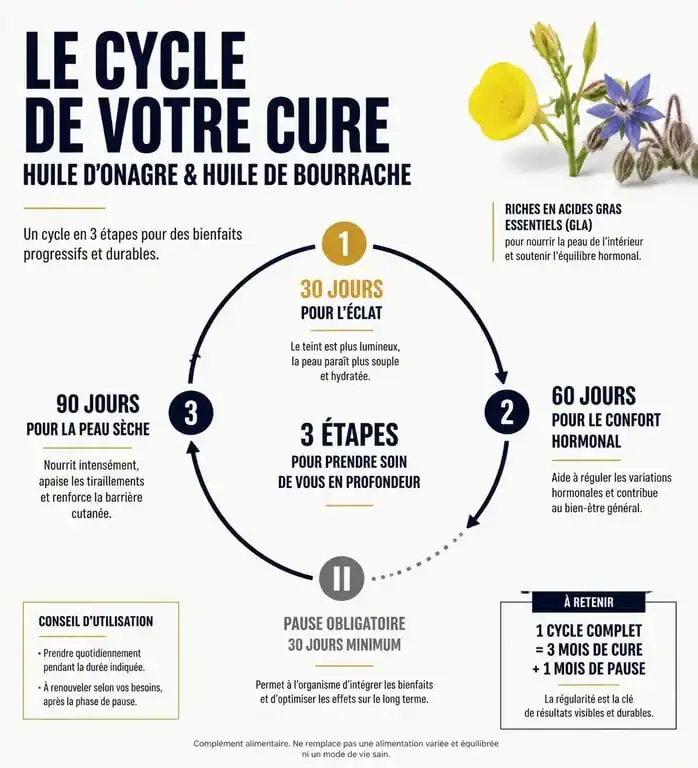 Infographie sur la durée idéale d'une cure d'onagre et bourrache pour la peau et le confort féminin