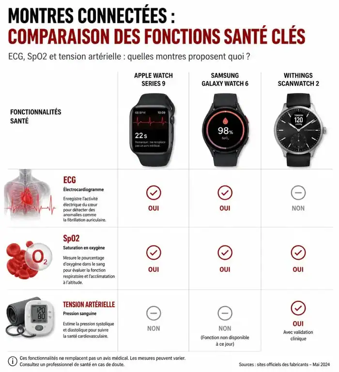 Infographie comparative des fonctionnalités de santé pour choisir la meilleure montre connectée santé