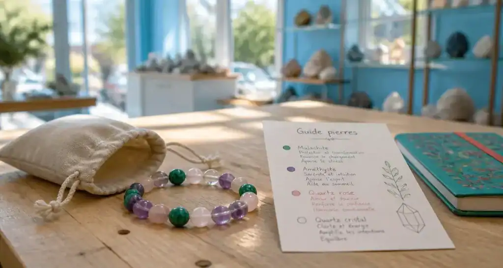 France minéraux : bracelet pierres naturelles (malachite, améthyste) en atelier