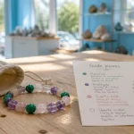 France minéraux : bracelet pierres naturelles (malachite, améthyste) en atelier