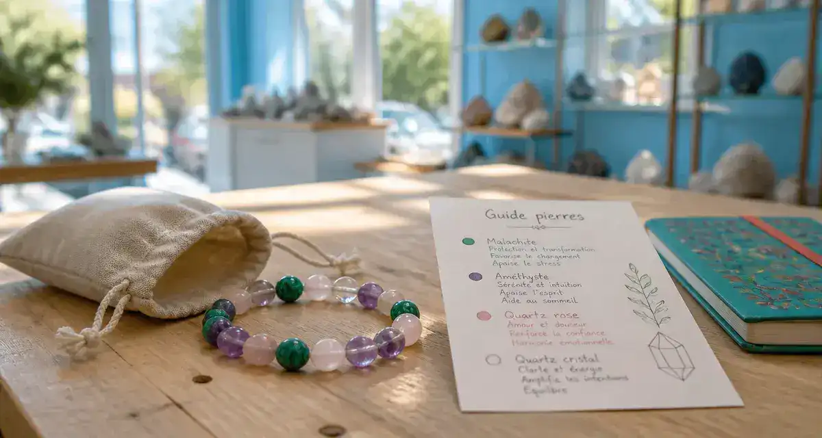 France minéraux : bracelet pierres naturelles (malachite, améthyste) en atelier