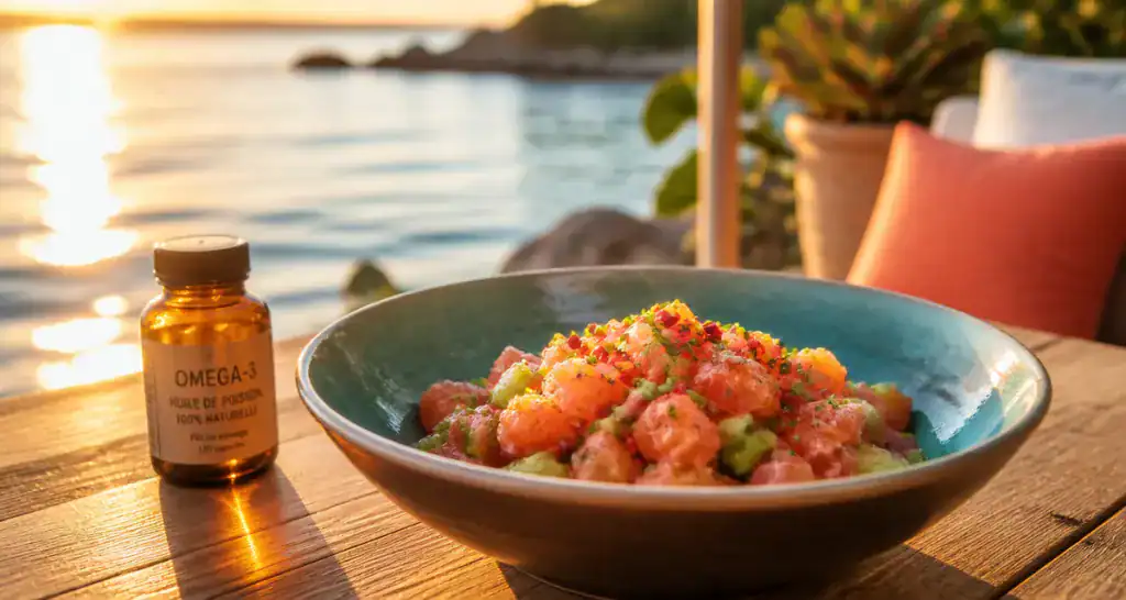 huile de poisson bienfaits bol saumon terrasse