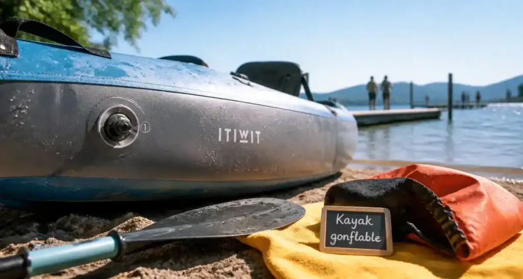 Kayak itiwit gonflable sur le lac, près d’un ponton