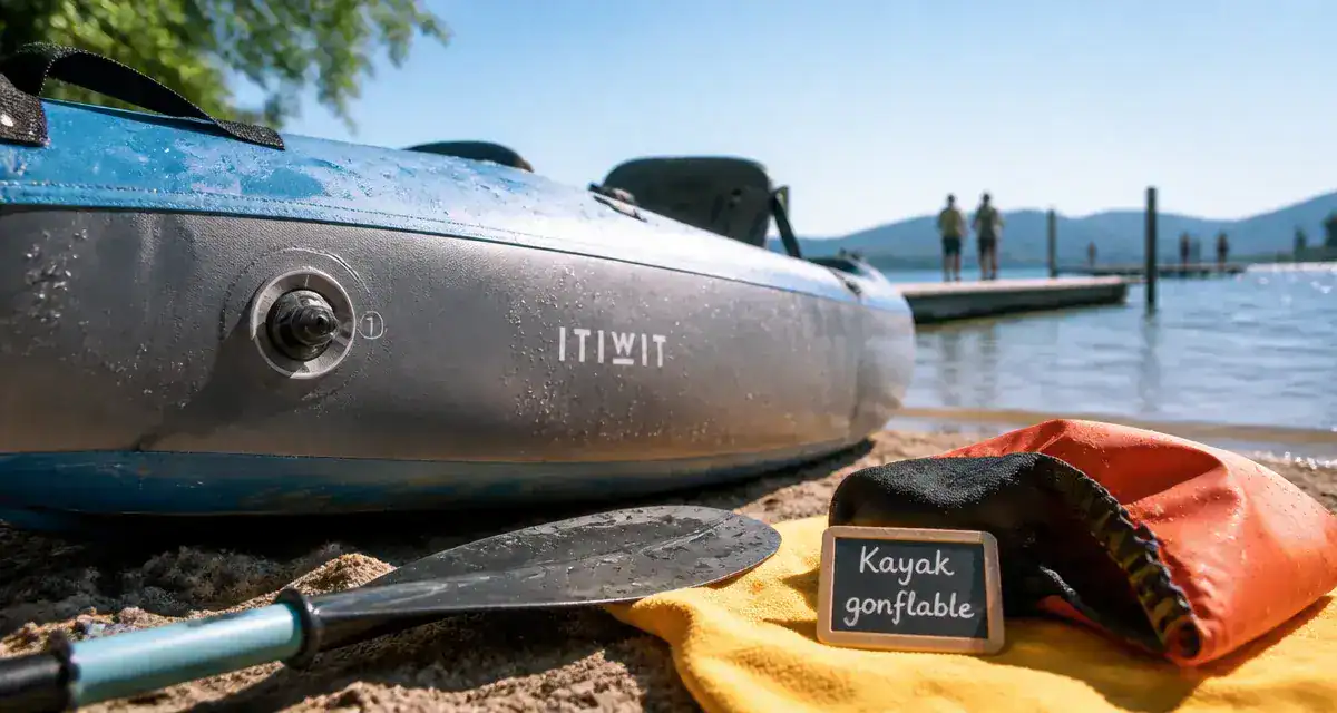 Kayak itiwit gonflable sur le lac, près d’un ponton