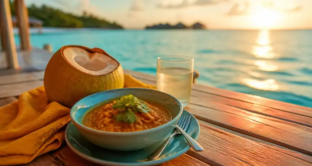 Les bienfaits de la noix coco, eau et chair sur terrasse au coucher du soleil