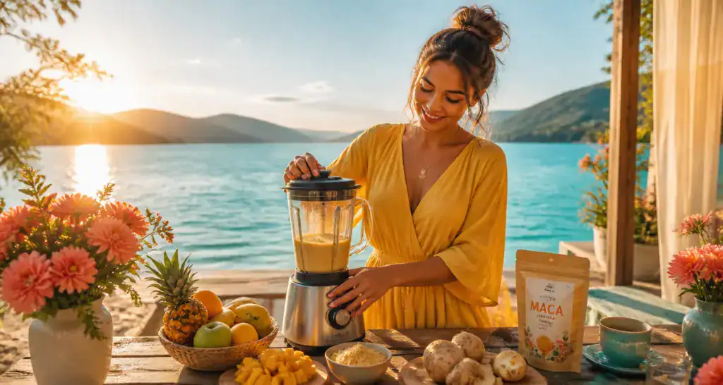 Maca : bienfaits femme, smoothie au bord d’un lac