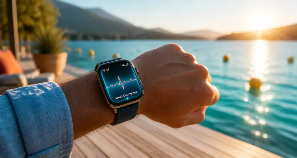 meilleur montre connectée santé affichant ECG sur terrasse lac