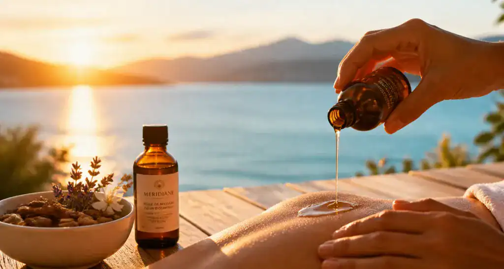 meilleure huile de massage flacon verre ambré terrasse lac