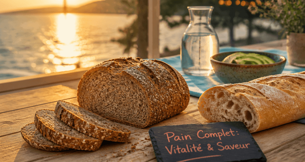 Pain complet bienfait sur table, contraste avec baguette