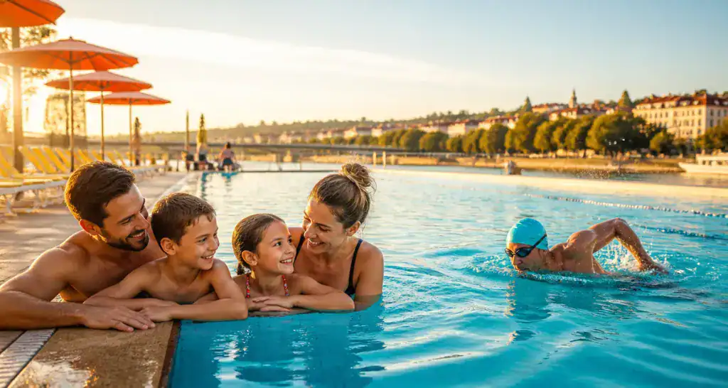 Piscines Lyon bassin extérieur famille nageur
