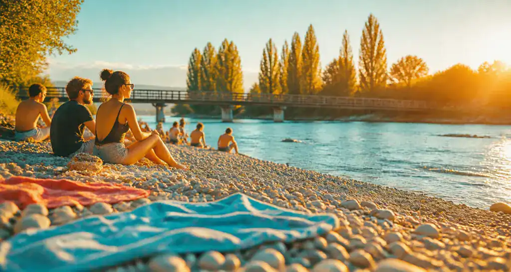 plage feyssine galets rhône au coucher du soleil